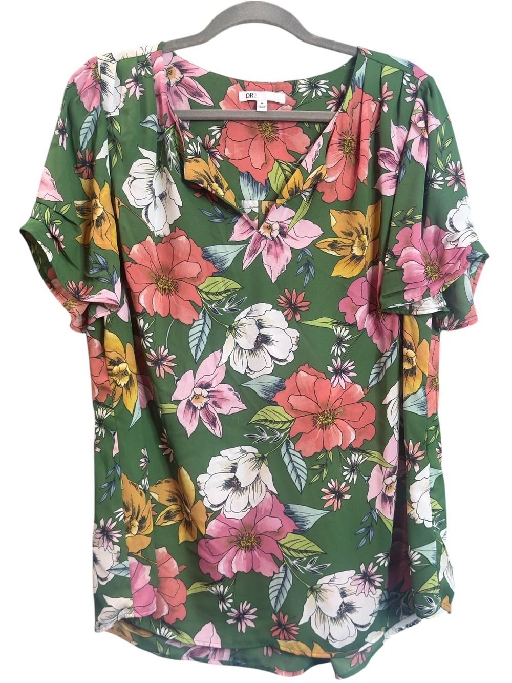 DR2 Green Floral V-Neck Blouse Women’s 1X Tropical Cottagecore Top